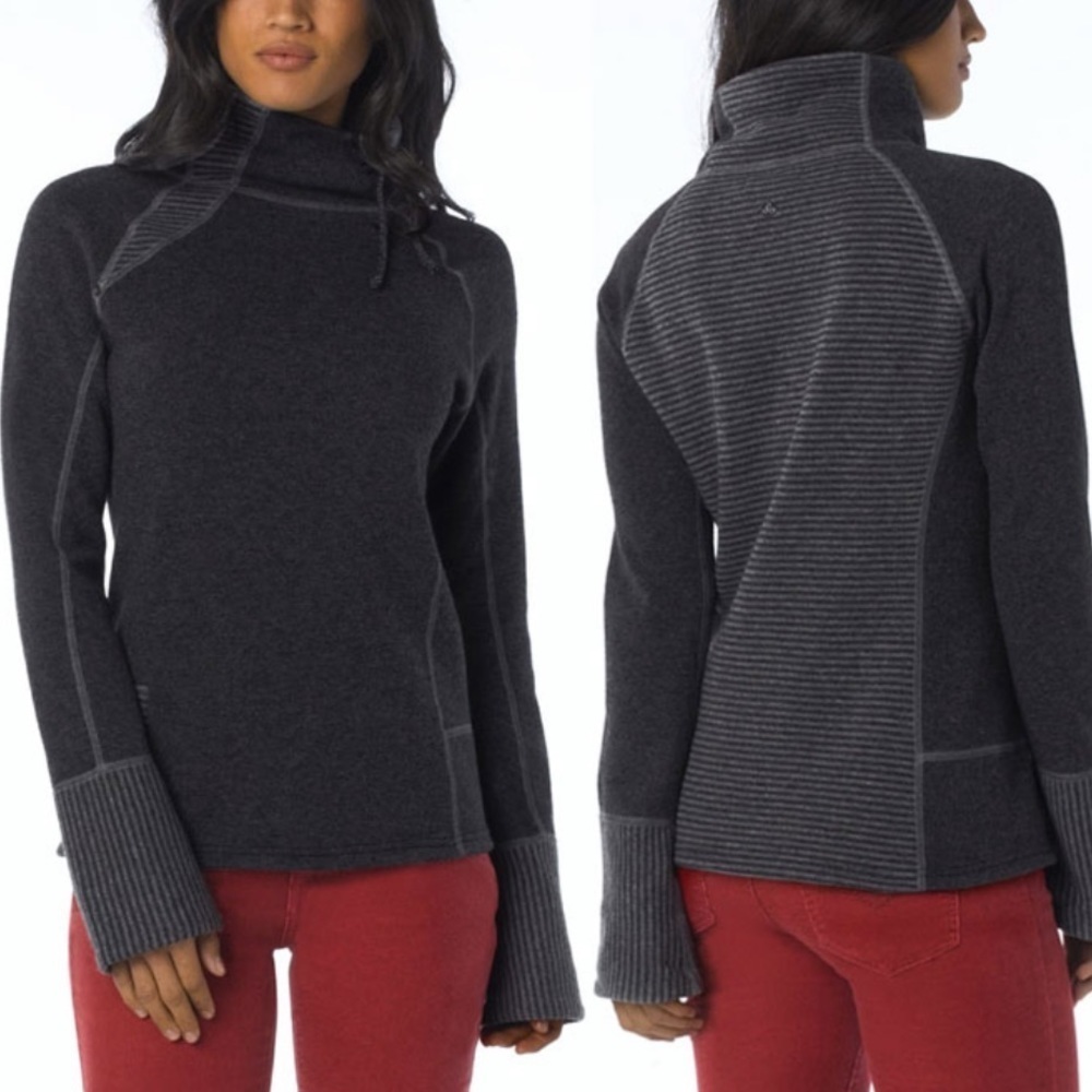 PrAna Wool Blend Lucia Knit Sweater Cowl Striped Pullover Buttons Grey Size S